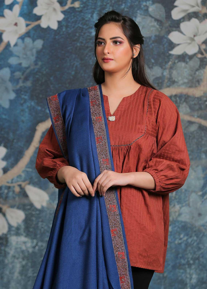 Sanaulla Exclusive Range Embroidered Pashmina  Shawl SU21PP AKP-13 Blue - Pure Pashmina Shawls