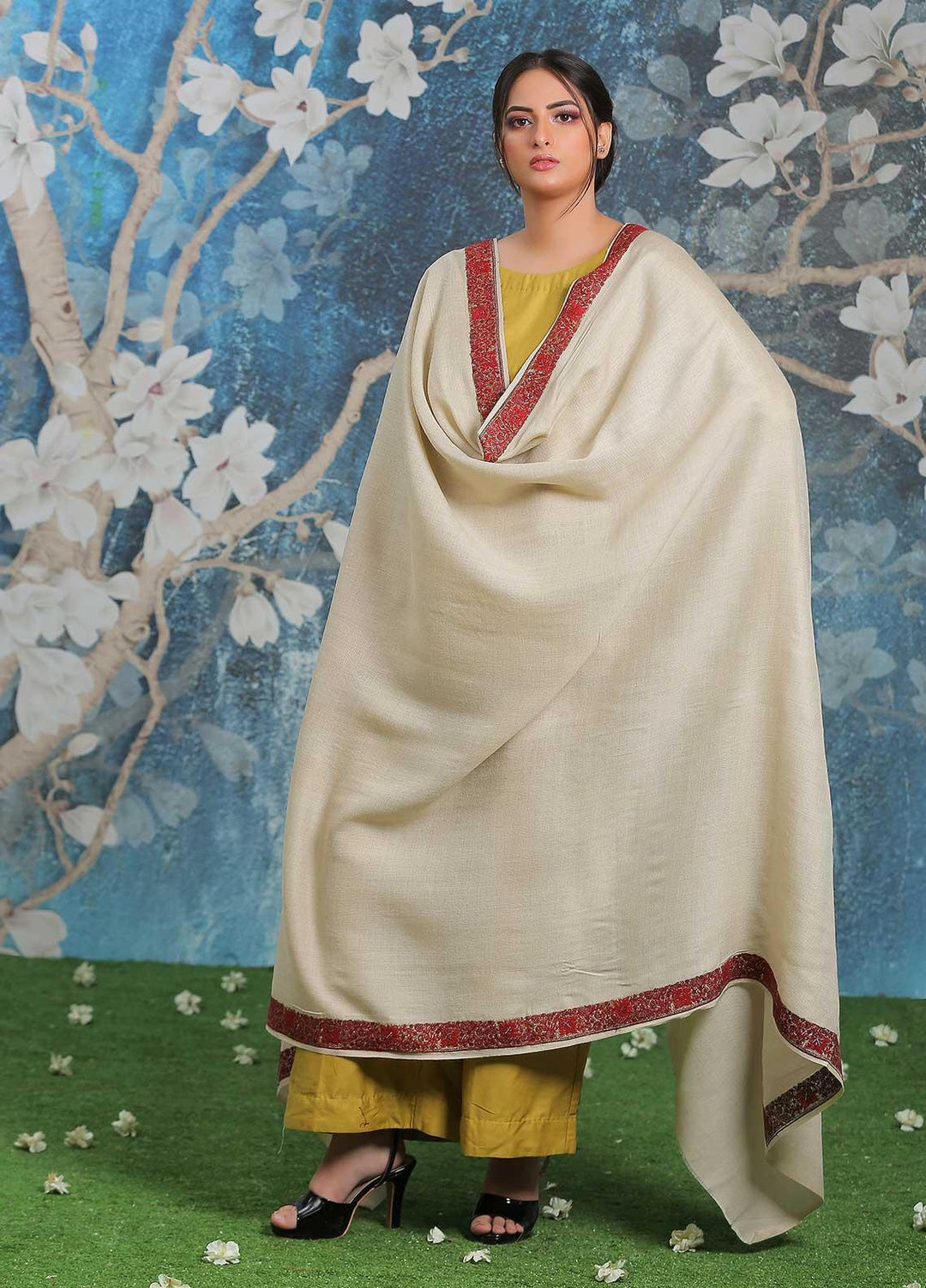 Sanaulla Exclusive Range Embroidered Pashmina  Shawl AKP-13 Fawn - Pashmina Shawls