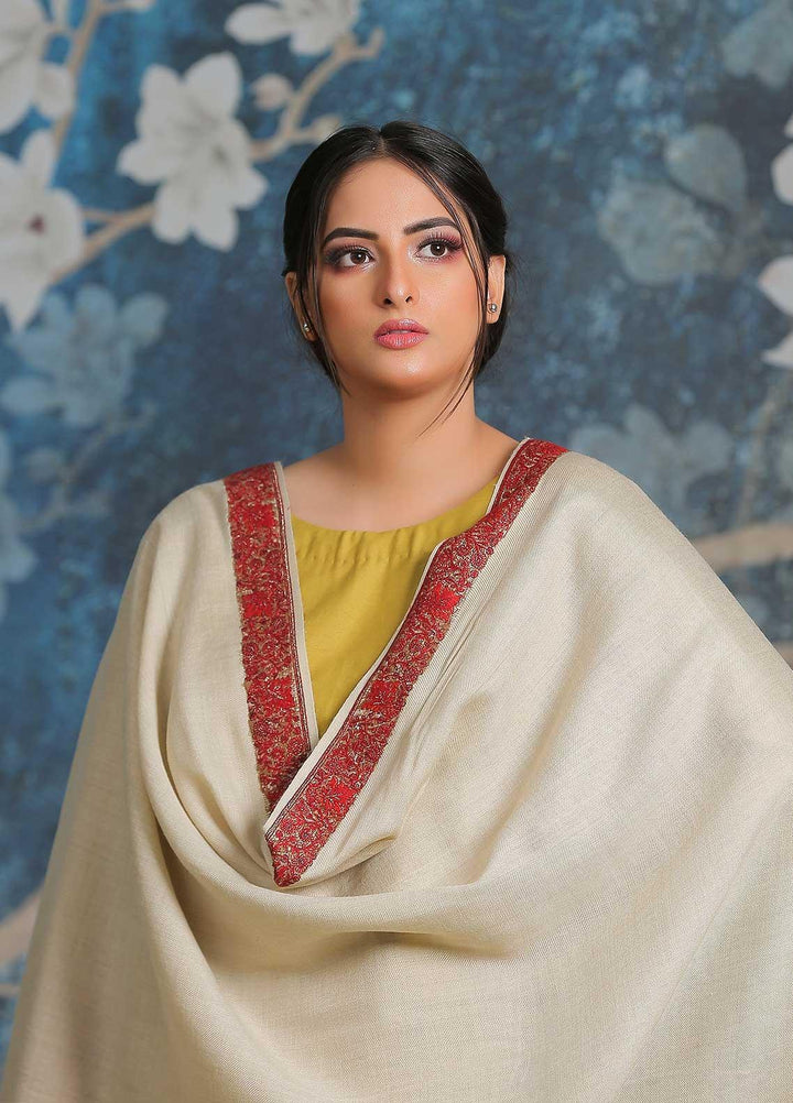 Sanaulla Exclusive Range Embroidered Pashmina  Shawl AKP-13 Fawn - Pashmina Shawls