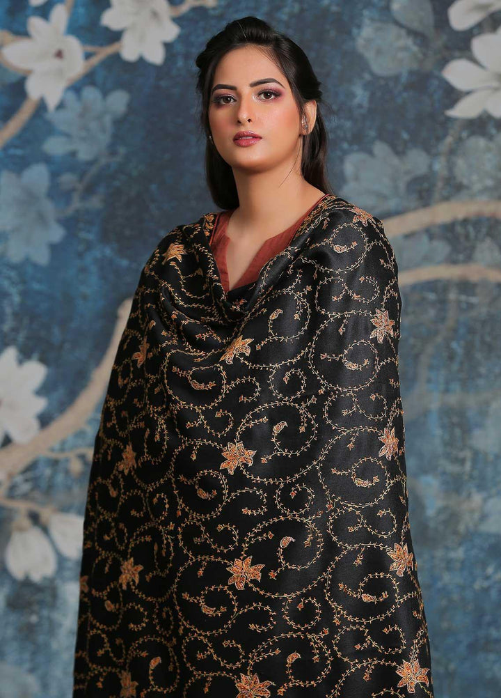 Sanaulla Exclusive Range Embroidered Pashmina  Shawl SU21PP AKP-14 Black-2 - Pure Pashmina Shawls