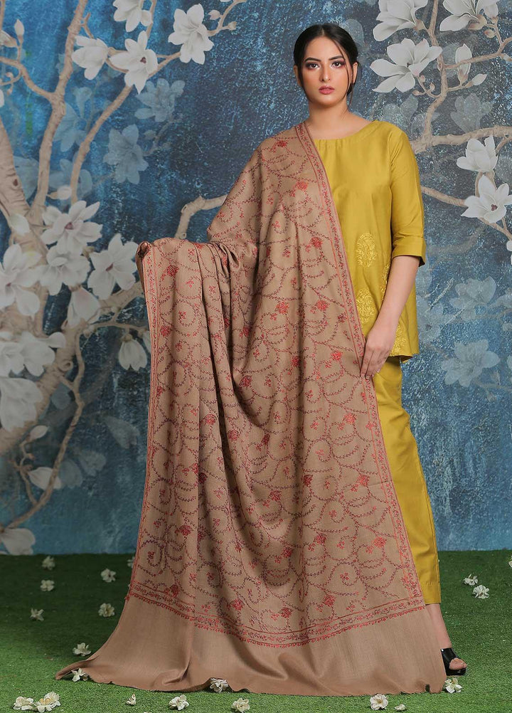 Sanaulla Exclusive Range Embroidered Pashmina  Shawl AKP-14 Fawn-10 - Pashmina Shawls