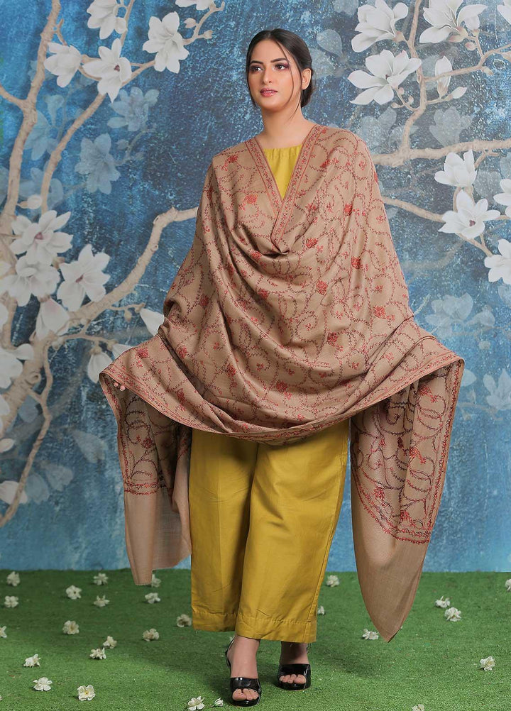 Sanaulla Exclusive Range Embroidered Pashmina  Shawl AKP-14 Fawn-10 - Pashmina Shawls