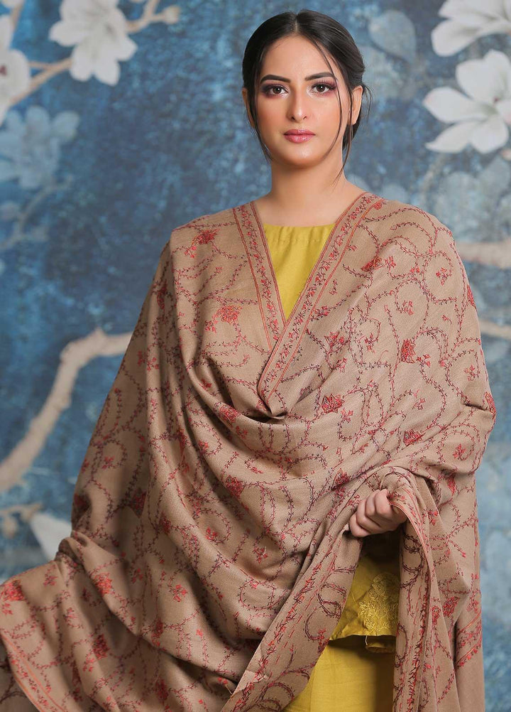 Sanaulla Exclusive Range Embroidered Pashmina  Shawl AKP-14 Fawn-10 - Pashmina Shawls