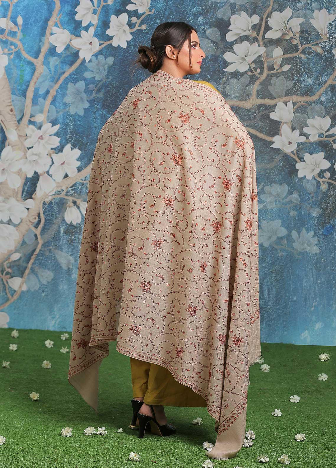 Sanaulla Exclusive Range Embroidered Pashmina  Shawl AKP-14 Fawn-4 - Pashmina Shawls