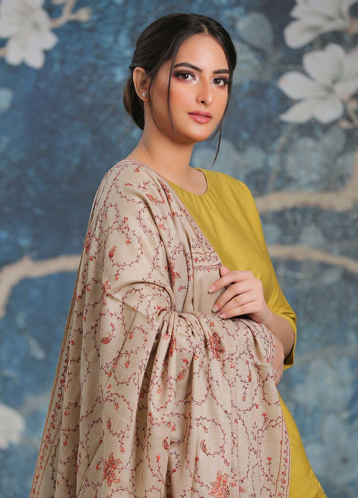 Sanaulla Exclusive Range Embroidered Pashmina  Shawl AKP-14 Fawn-4 - Pashmina Shawls