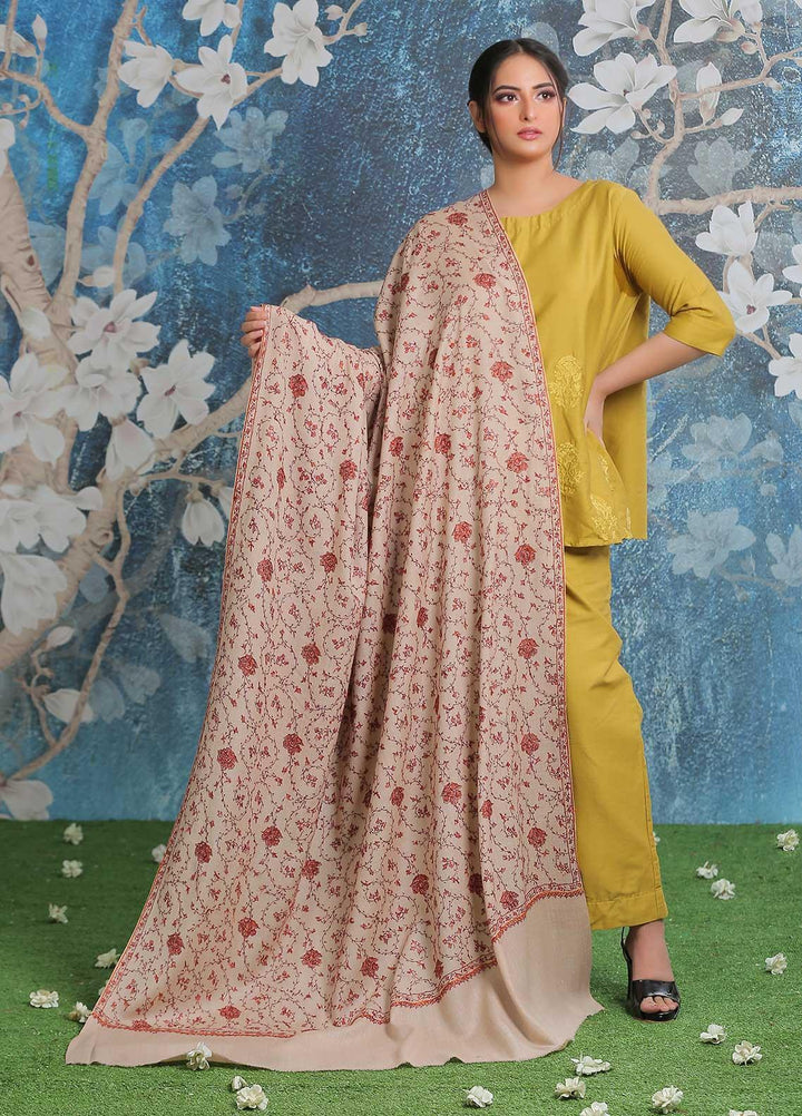 Sanaulla Exclusive Range Embroidered Pashmina  Shawl AKP-14 Fawn-7 - Pashmina Shawls
