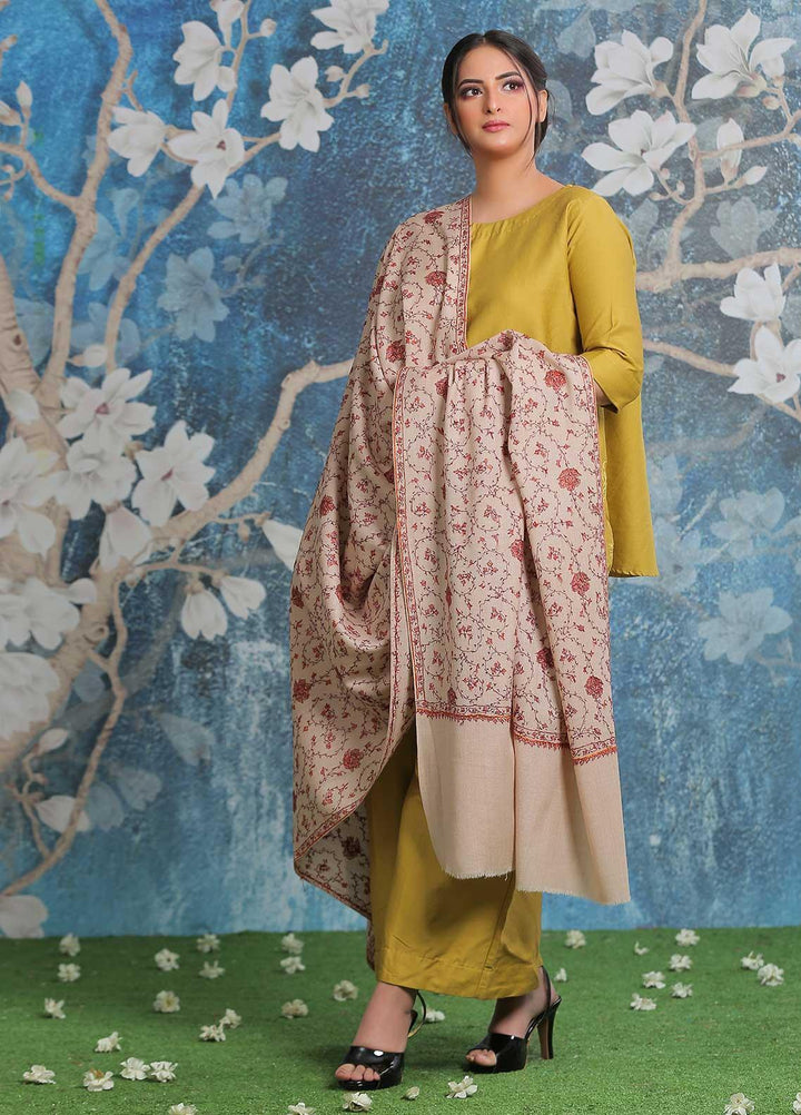 Sanaulla Exclusive Range Embroidered Pashmina  Shawl AKP-14 Fawn-7 - Pashmina Shawls
