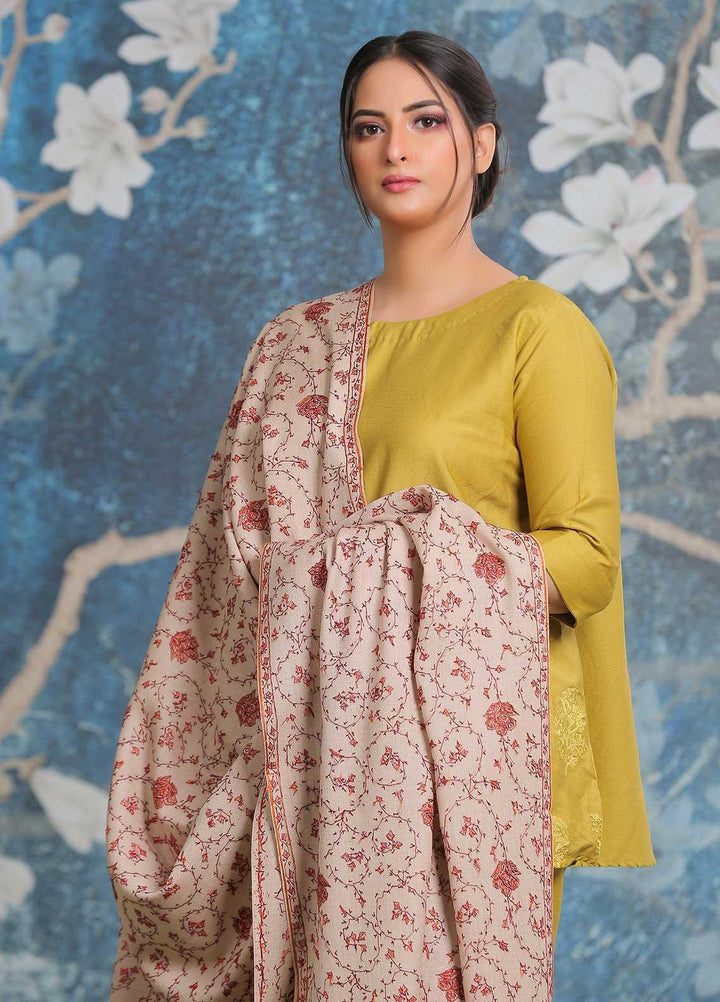 Sanaulla Exclusive Range Embroidered Pashmina  Shawl AKP-14 Fawn-7 - Pashmina Shawls