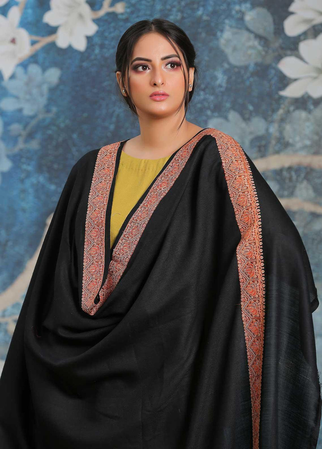 Sanaulla Exclusive Range Embroidered Pashmina  Shawl AKP-15 Black - Pashmina Shawls