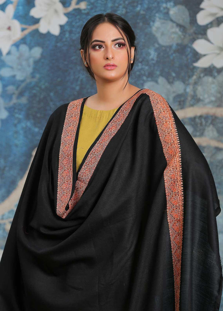 Sanaulla Exclusive Range Embroidered Pashmina  Shawl AKP-15 Black - Pashmina Shawls