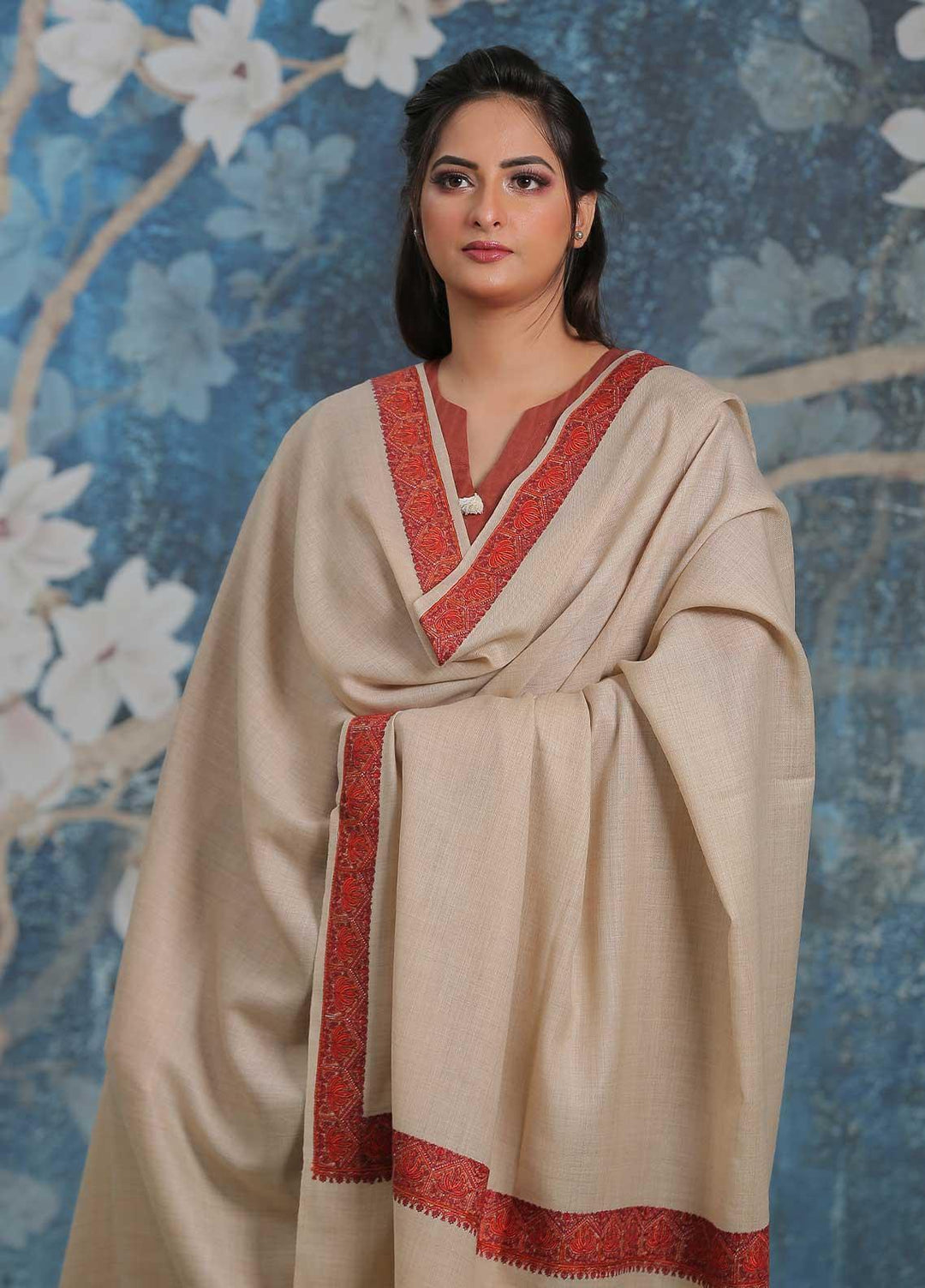 Sanaulla Exclusive Range Embroidered Pashmina  Shawl SU21PP AKP-15 Fawn - Pure Pashmina Shawls