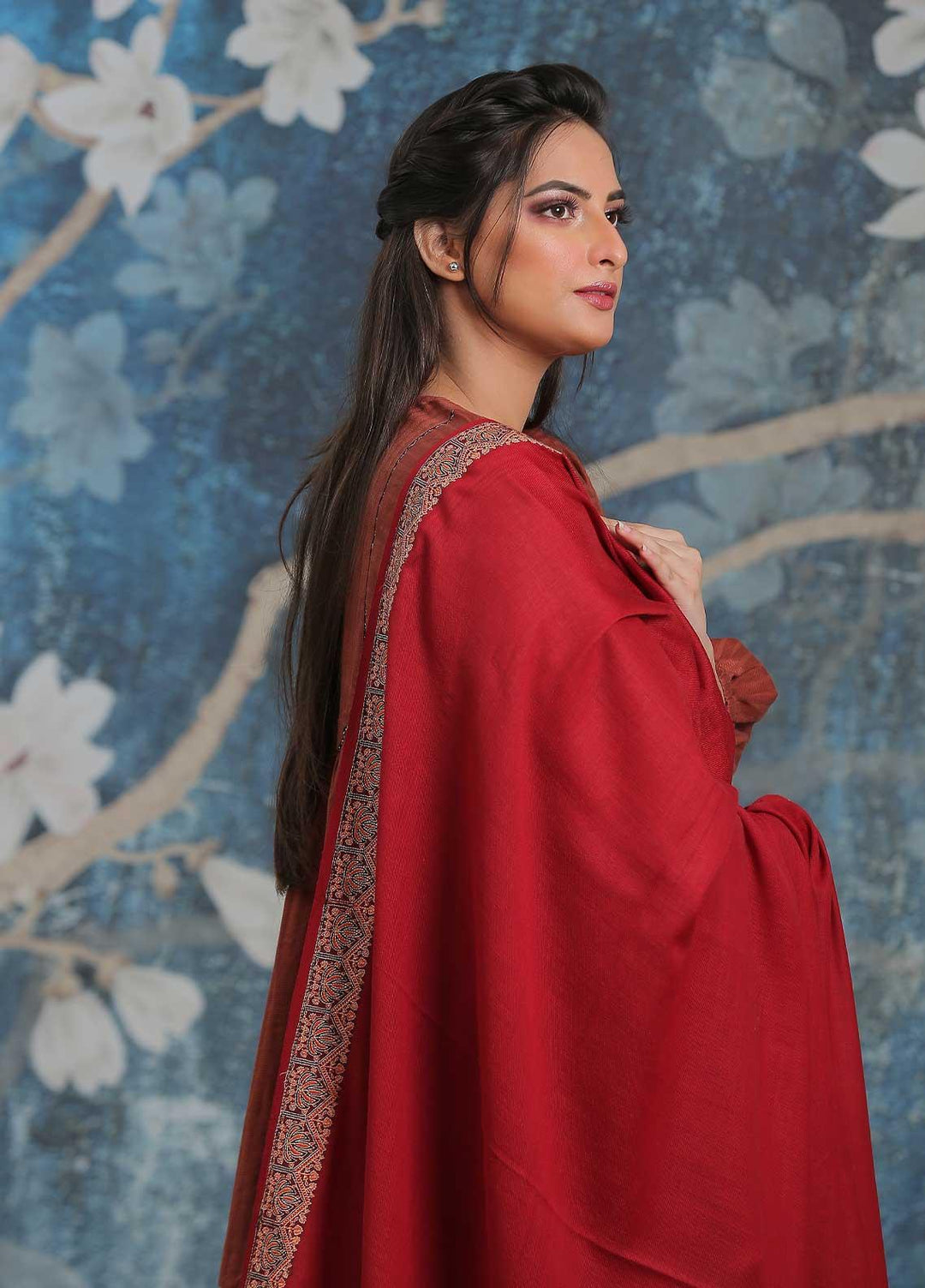 Sanaulla Exclusive Range Embroidered Pashmina  Shawl SU21PP AKP-15 Maroon - Pure Pashmina Shawls