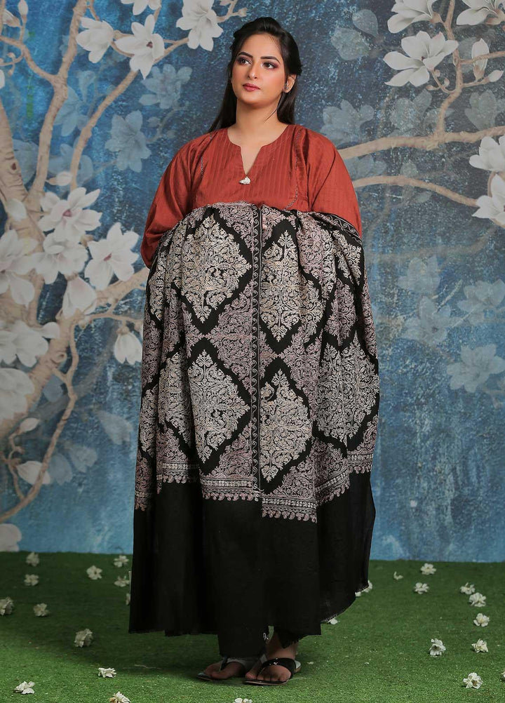 Sanaulla Exclusive Range Embroidered Pashmina  Shawl SU21PP AKP-16 Black-1 - Pure Pashmina Shawls