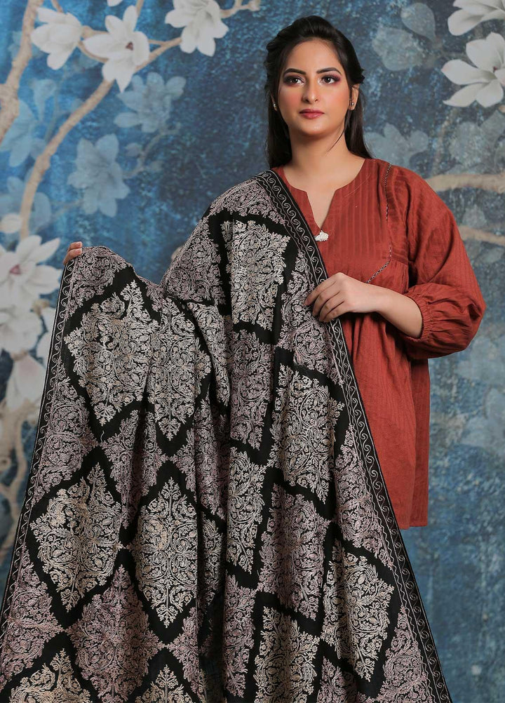 Sanaulla Exclusive Range Embroidered Pashmina  Shawl SU21PP AKP-16 Black-1 - Pure Pashmina Shawls