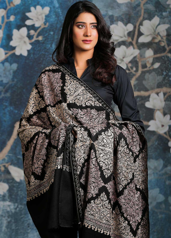 Sanaulla Exclusive Range Embroidered Pashmina  Shawl SU21PP AKP-16 Black-2 - Pure Pashmina Shawls