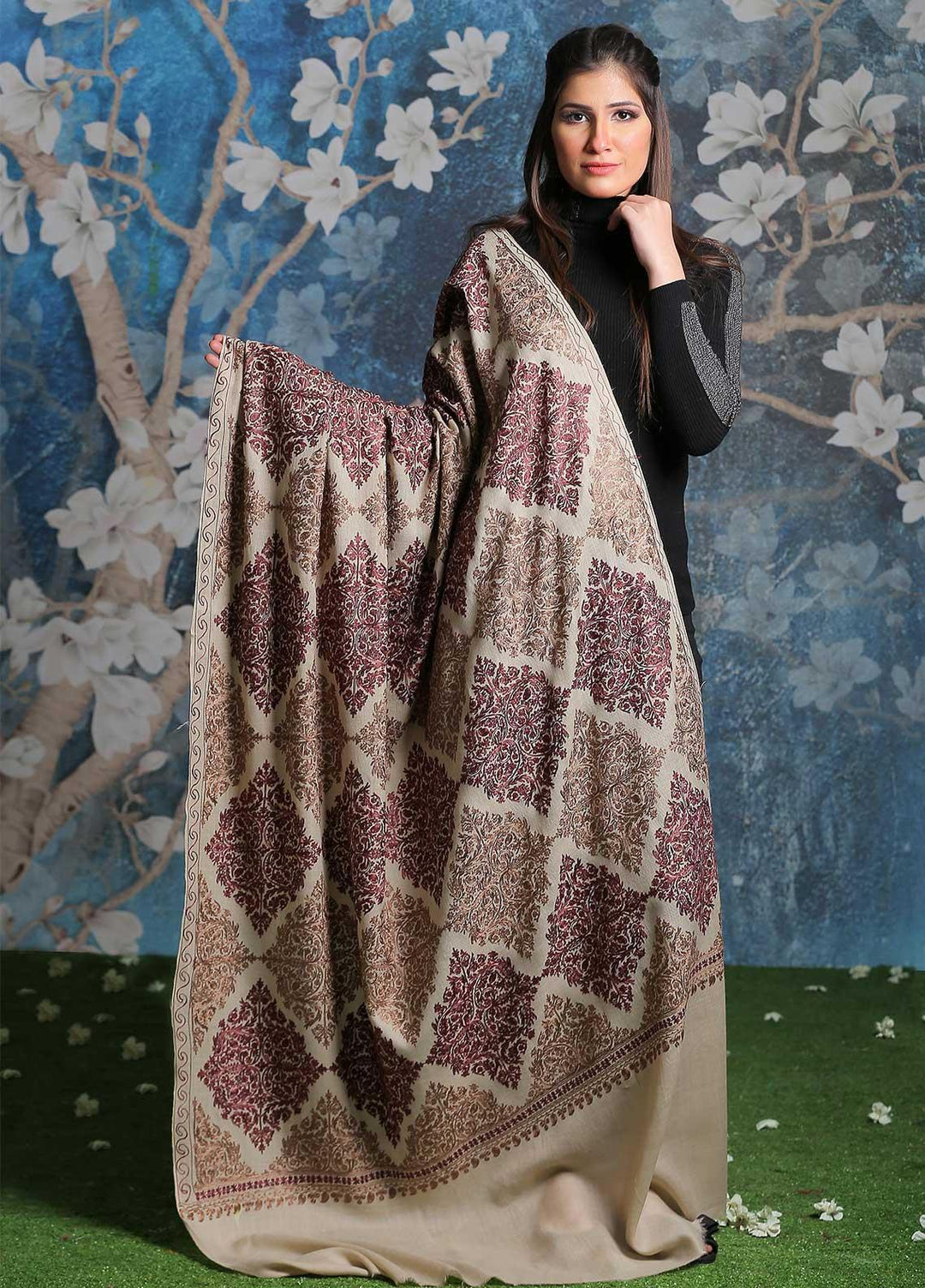 Sanaulla Exclusive Range Embroidered Pashmina  Shawl SU21PP AKP-16 Fawn-1 - Pure Pashmina Shawls