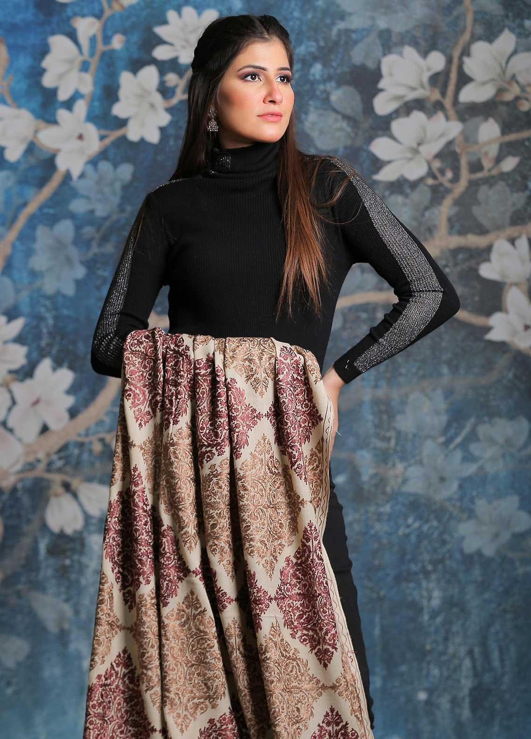 Sanaulla Exclusive Range Embroidered Pashmina  Shawl SU21PP AKP-16 Fawn-1 - Pure Pashmina Shawls