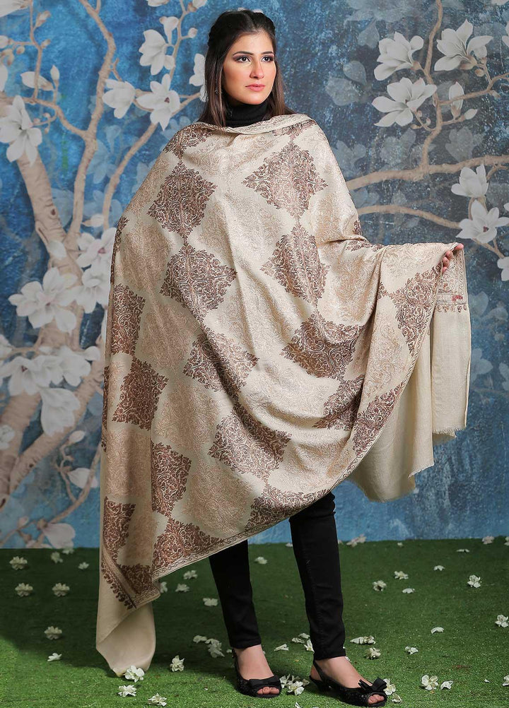 Sanaulla Exclusive Range Embroidered Pashmina  Shawl SU21PP AKP-16 Fawn-2 - Pure Pashmina Shawls