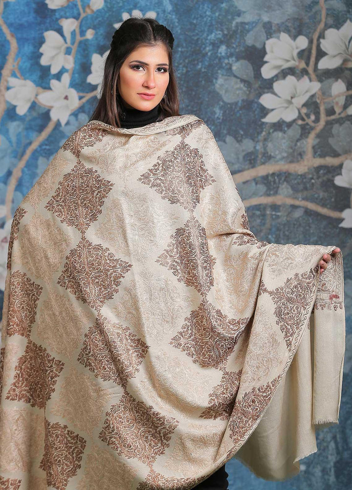 Sanaulla Exclusive Range Embroidered Pashmina  Shawl SU21PP AKP-16 Fawn-2 - Pure Pashmina Shawls