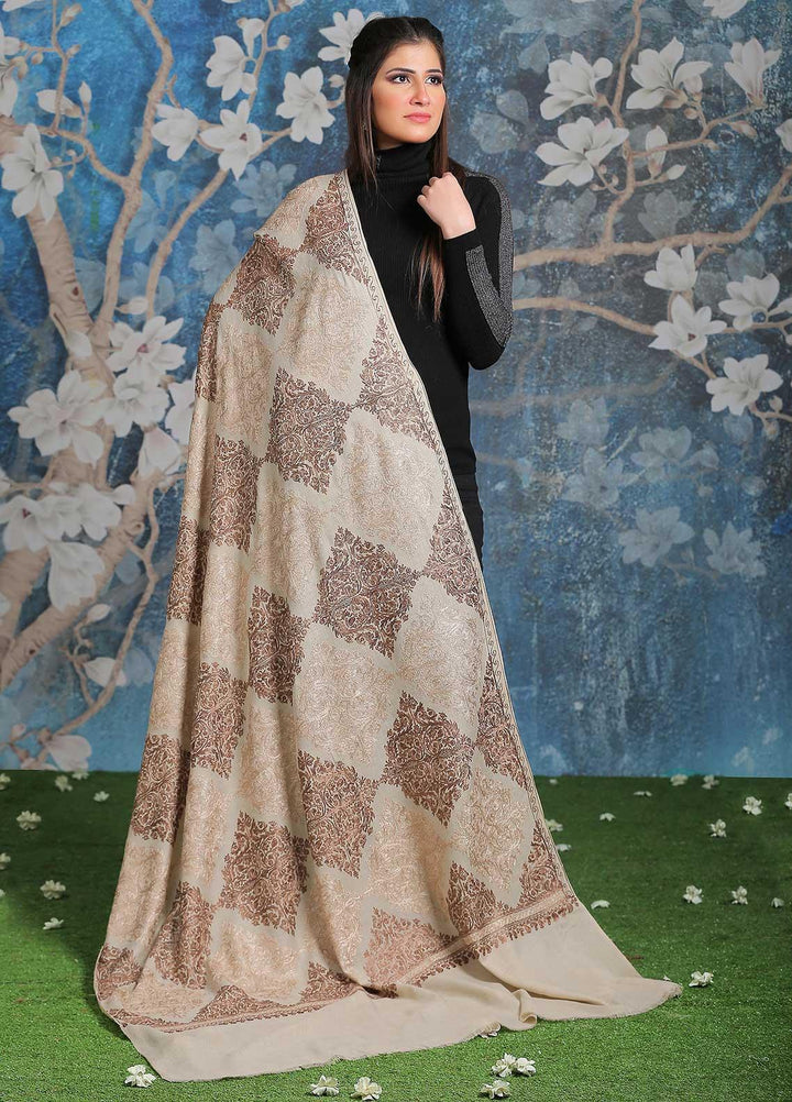 Sanaulla Exclusive Range Embroidered Pashmina  Shawl SU21PP AKP-16 Fawn-2 - Pure Pashmina Shawls