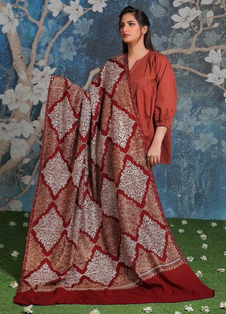 Sanaulla Exclusive Range Embroidered Pashmina  Shawl SU21PP AKP-16 Maroon - Pure Pashmina Shawls