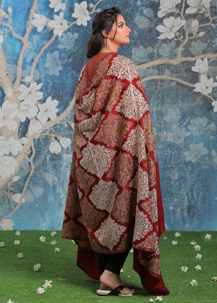 Sanaulla Exclusive Range Embroidered Pashmina  Shawl SU21PP AKP-16 Maroon - Pure Pashmina Shawls
