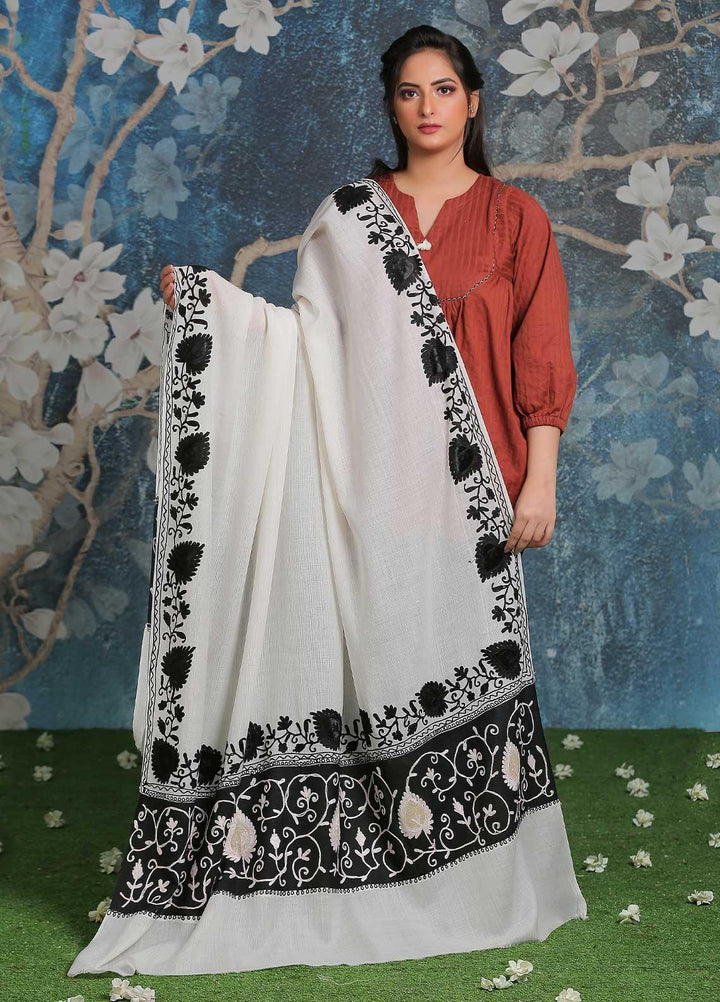 Sanaulla Exclusive Range Embroidered Pashmina  Shawl SU21PP AKP-18 White - Pure Pashmina Shawls