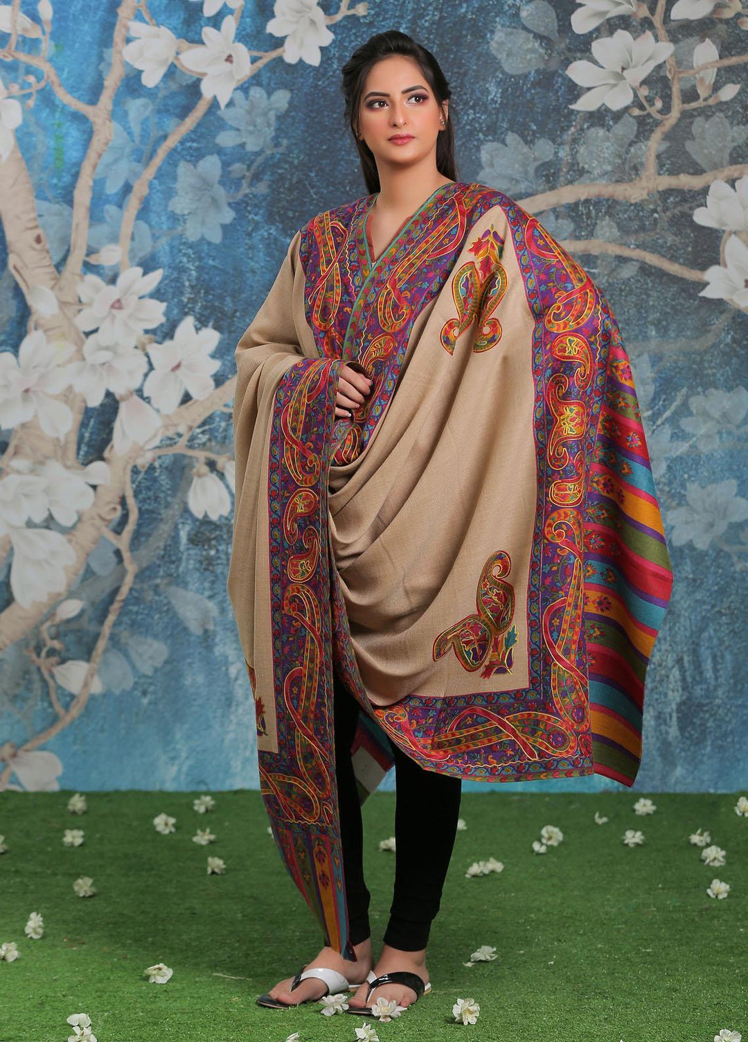 Sanaulla Exclusive Range Embroidered Pashmina  Shawl SU21PP AKP-19 Multi-5 - Pure Pashmina Shawls
