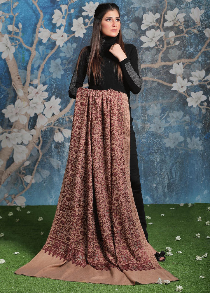 Sanaulla Exclusive Range Embroidered Pashmina  Shawl AKP-24 Brown-2 - Pashmina Shawls