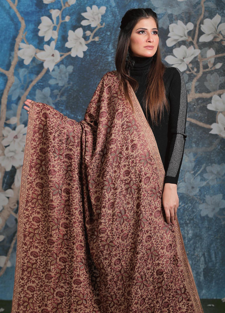 Sanaulla Exclusive Range Embroidered Pashmina  Shawl AKP-24 Brown-2 - Pashmina Shawls