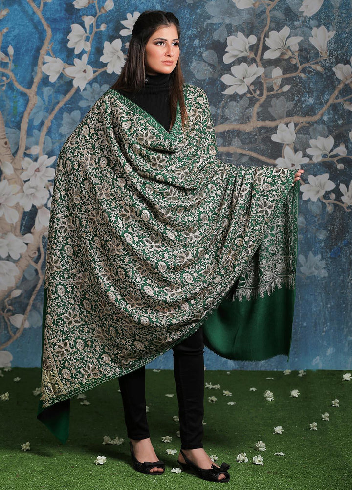Sanaulla Exclusive Range Embroidered Pashmina  Shawl AKP-24 Green - Pashmina Shawls
