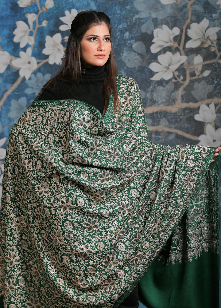 Sanaulla Exclusive Range Embroidered Pashmina  Shawl AKP-24 Green - Pashmina Shawls