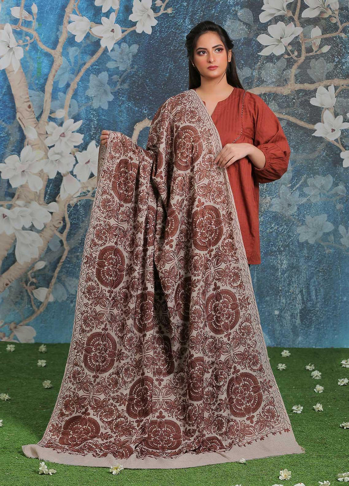 Sanaulla Exclusive Range Embroidered Pashmina  Shawl SU21PP AKP-25 Brown-3 - Pure Pashmina Shawls