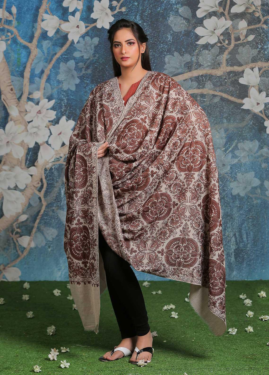 Sanaulla Exclusive Range Embroidered Pashmina  Shawl SU21PP AKP-25 Brown-3 - Pure Pashmina Shawls