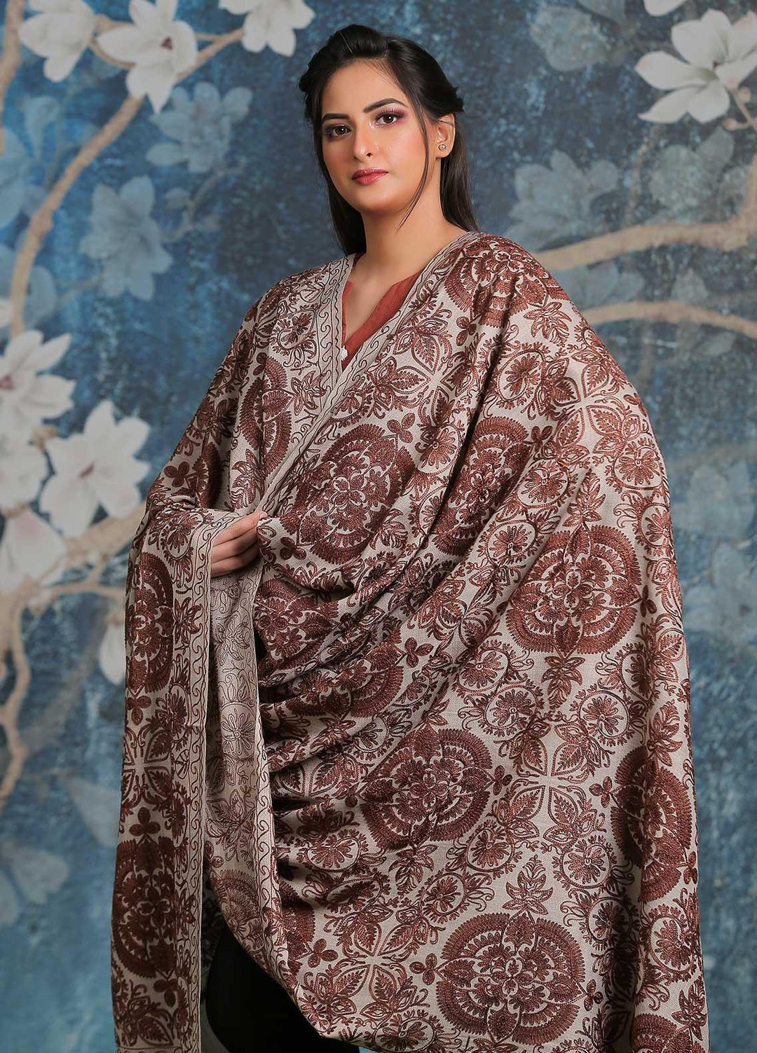 Sanaulla Exclusive Range Embroidered Pashmina  Shawl SU21PP AKP-25 Brown-3 - Pure Pashmina Shawls