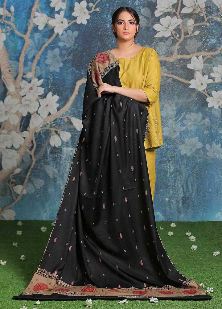 Sanaulla Exclusive Range Embroidered Pashmina  Shawl AKP-26 Black-1 - Pashmina Shawls