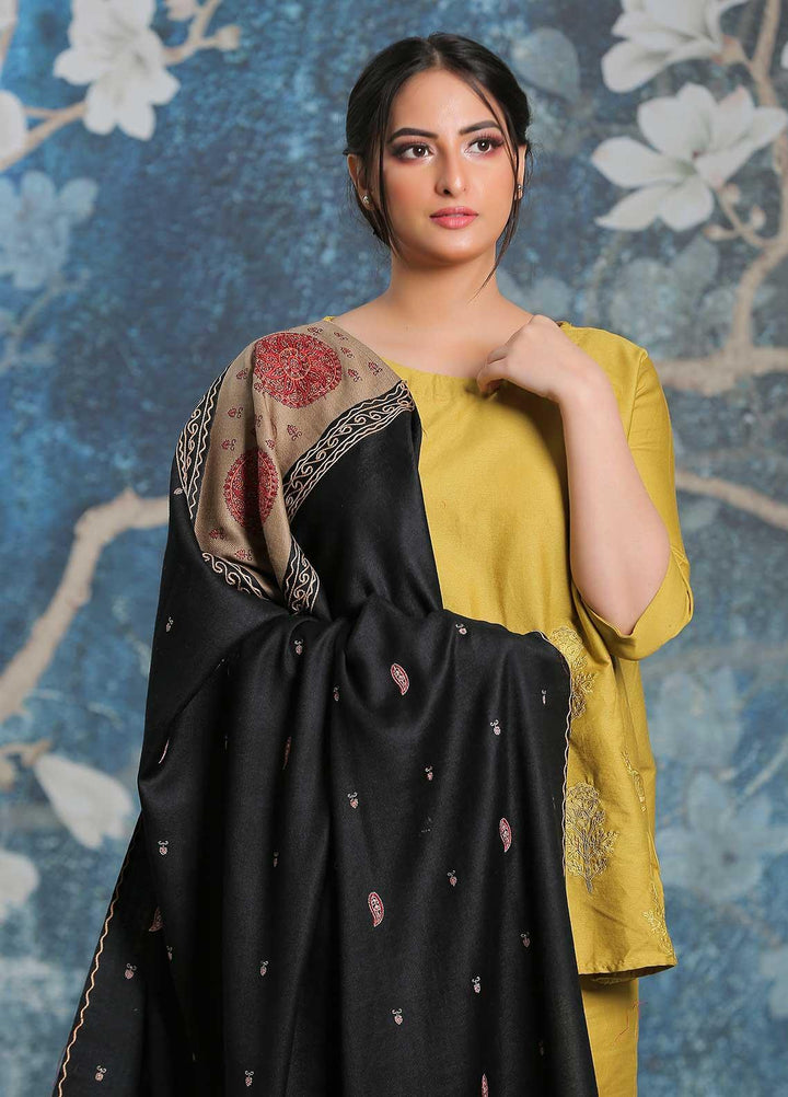 Sanaulla Exclusive Range Embroidered Pashmina  Shawl AKP-26 Black-1 - Pashmina Shawls
