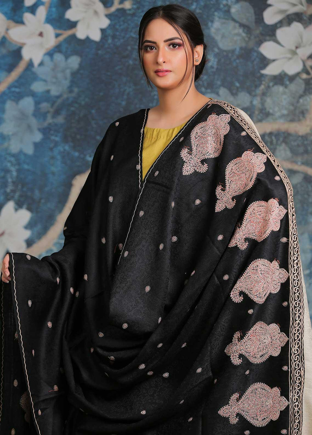 Sanaulla Exclusive Range Embroidered Pashmina  Shawl AKP-26 Black-3 - Pashmina Shawls