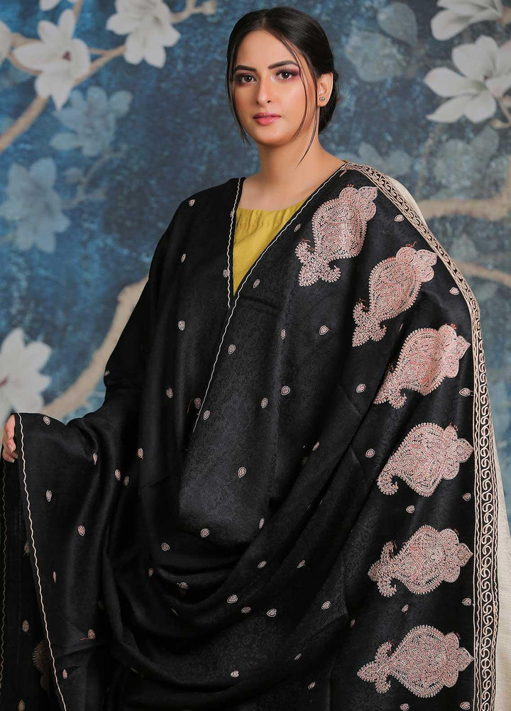 Sanaulla Exclusive Range Embroidered Pashmina  Shawl AKP-26 Black-3 - Pashmina Shawls