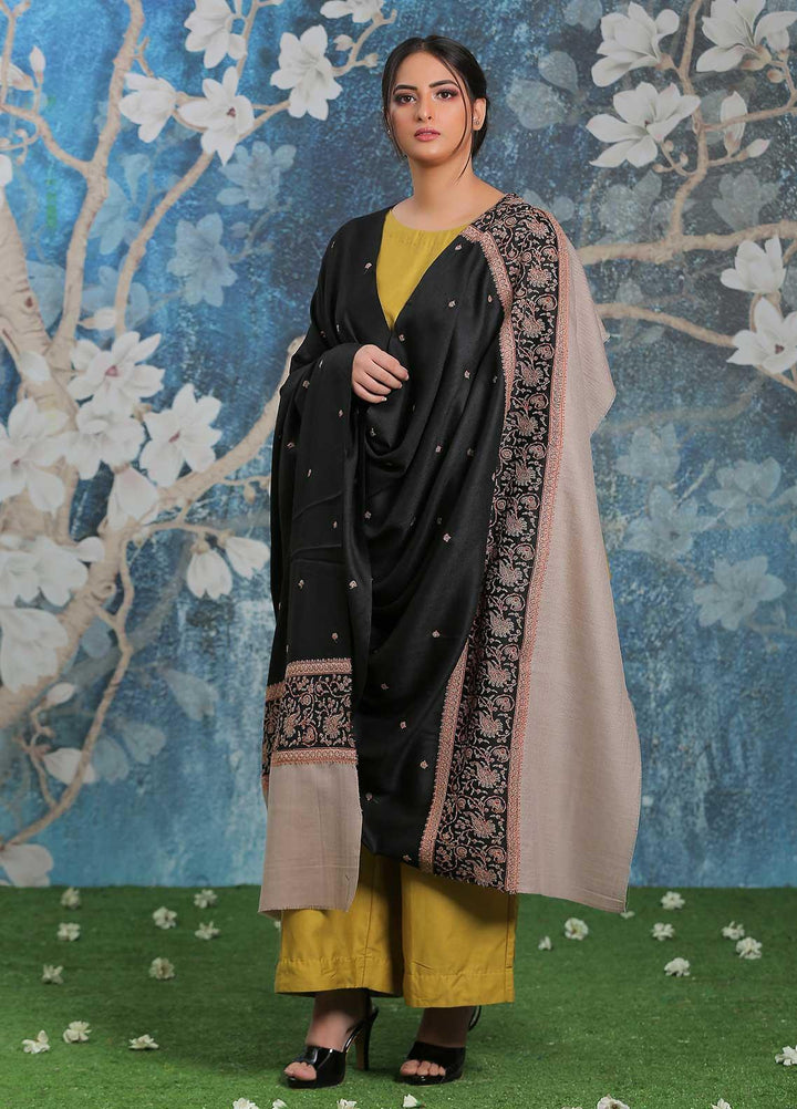 Sanaulla Exclusive Range Embroidered Pashmina  Shawl AKP-26 Black-4 - Pashmina Shawls