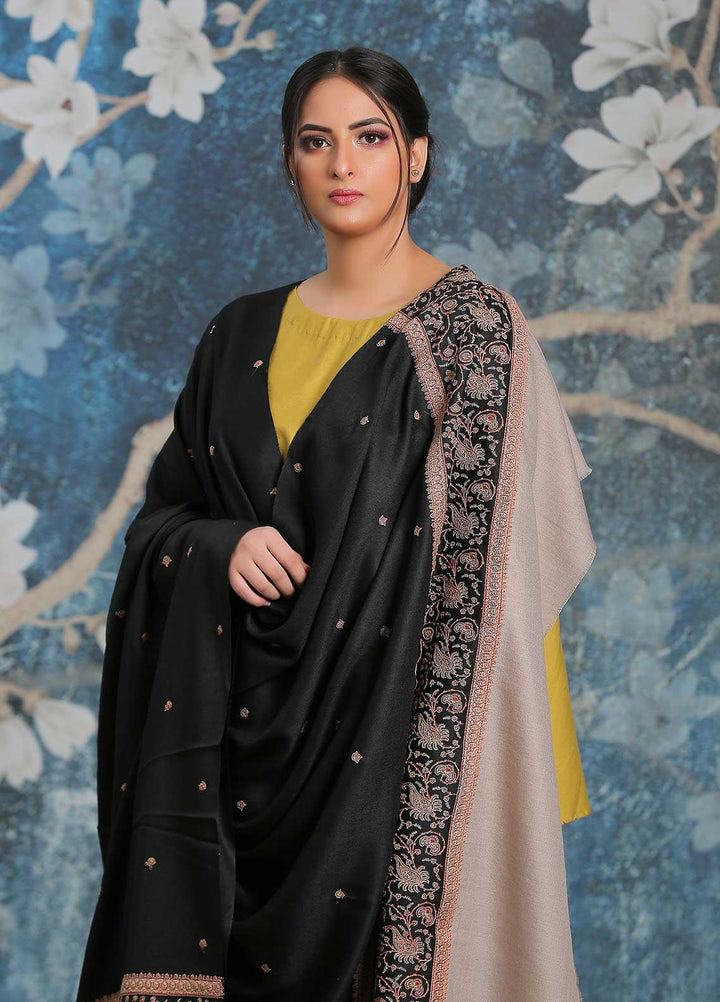 Sanaulla Exclusive Range Embroidered Pashmina  Shawl AKP-26 Black-4 - Pashmina Shawls