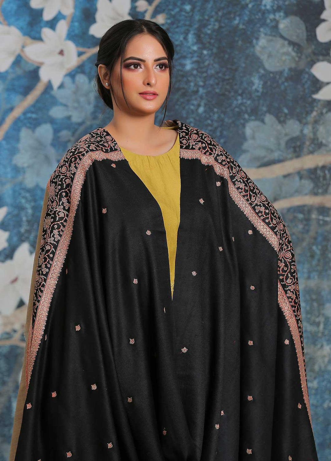Sanaulla Exclusive Range Embroidered Pashmina  Shawl AKP-26 Black-6 - Pashmina Shawls