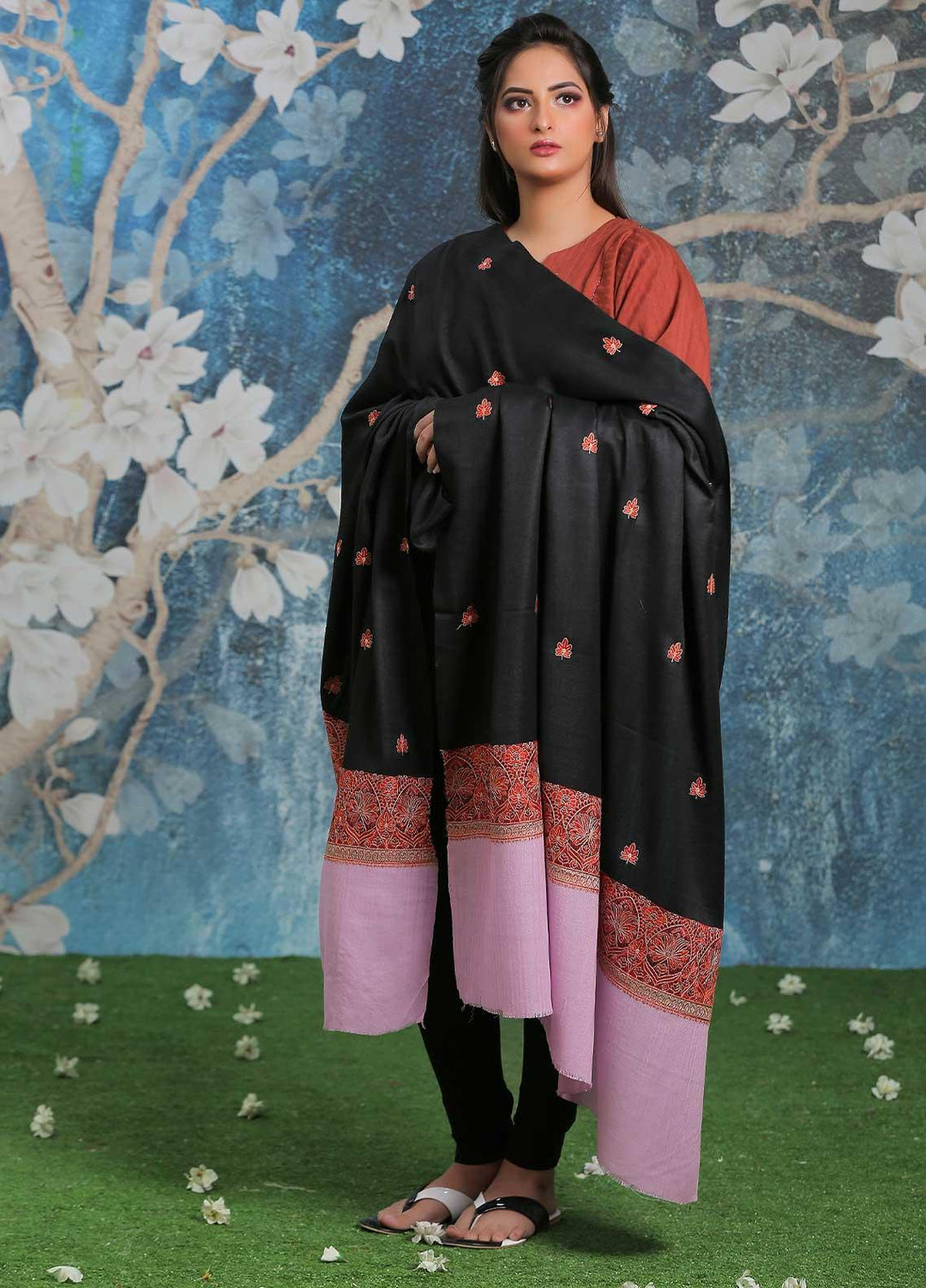 Sanaulla Exclusive Range Embroidered Pashmina  Shawl SU21PP AKP-26 Black-9 - Pure Pashmina Shawls