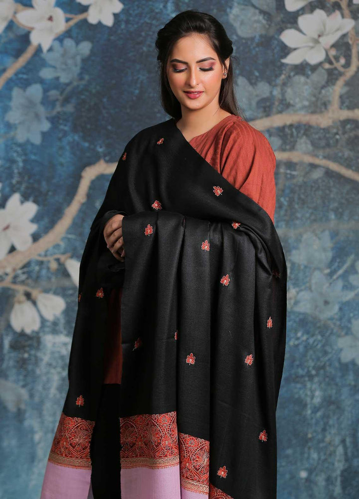 Sanaulla Exclusive Range Embroidered Pashmina  Shawl SU21PP AKP-26 Black-9 - Pure Pashmina Shawls