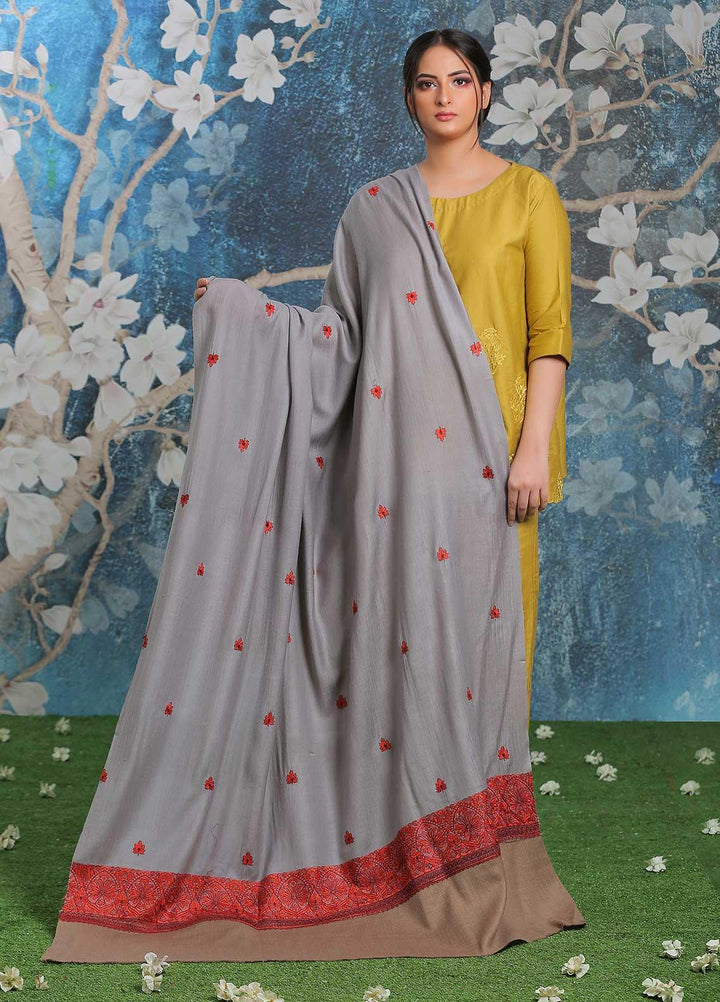 Sanaulla Exclusive Range Embroidered Pashmina  Shawl AKP-26 Grey - Pashmina Shawls