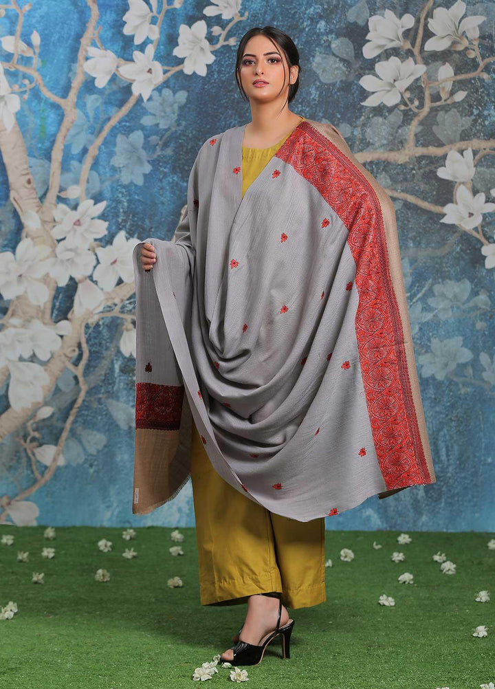 Sanaulla Exclusive Range Embroidered Pashmina  Shawl AKP-26 Grey - Pashmina Shawls
