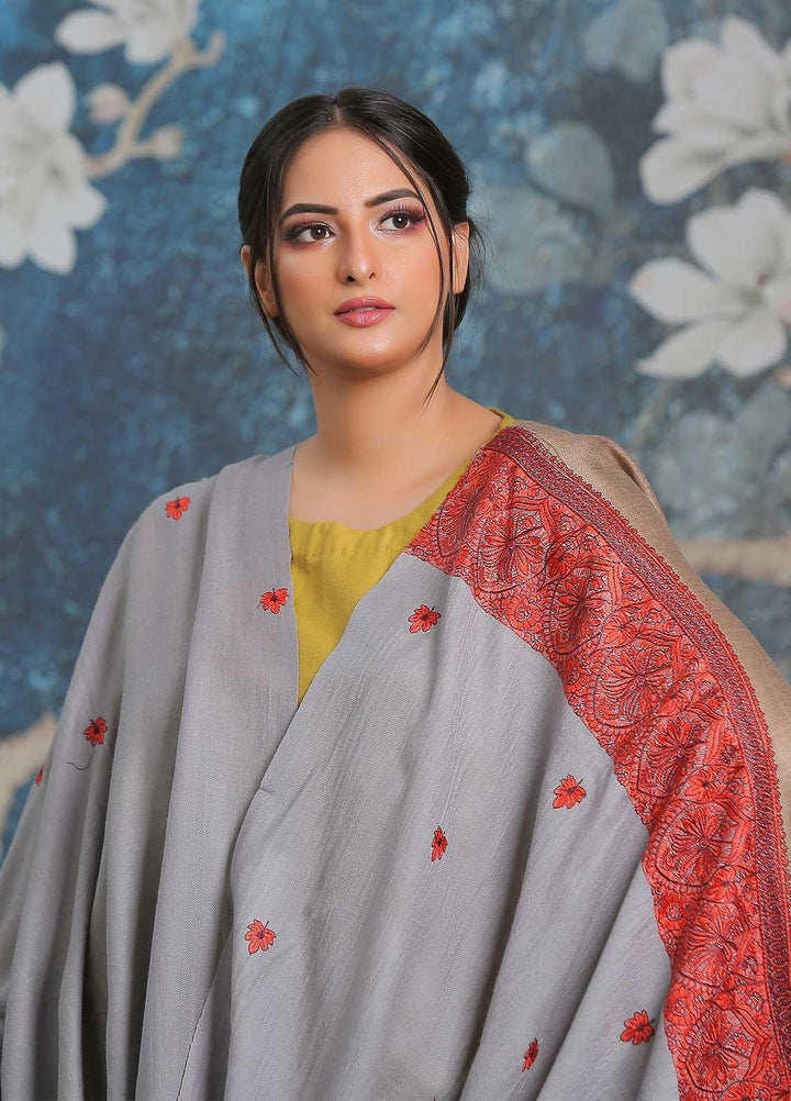 Sanaulla Exclusive Range Embroidered Pashmina  Shawl AKP-26 Grey - Pashmina Shawls