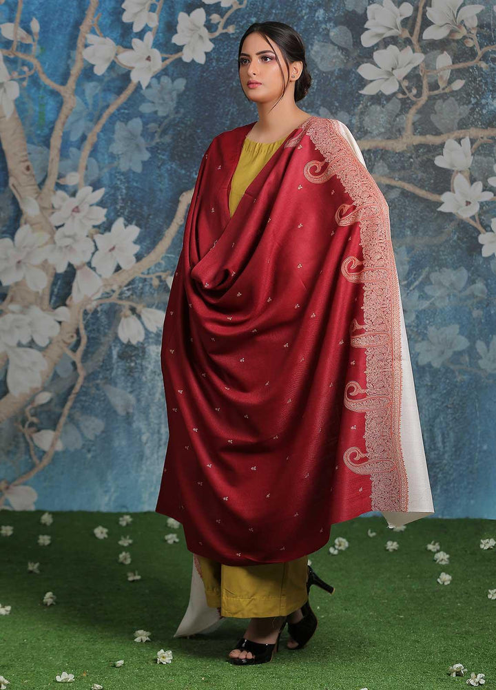 Sanaulla Exclusive Range Embroidered Pashmina  Shawl AKP-26 Maroon-1 - Pashmina Shawls