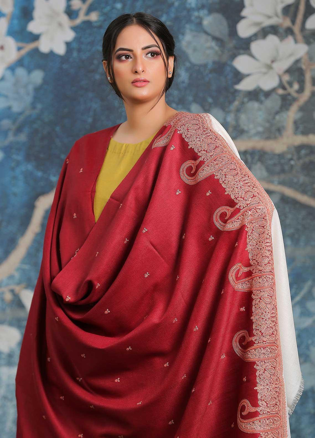 Sanaulla Exclusive Range Embroidered Pashmina  Shawl AKP-26 Maroon-1 - Pashmina Shawls