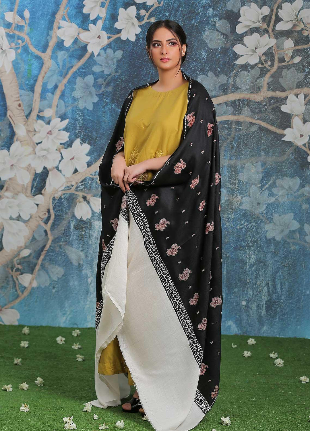 Sanaulla Exclusive Range Embroidered Pashmina  Shawl AKP-26 White-4 - Pashmina Shawls